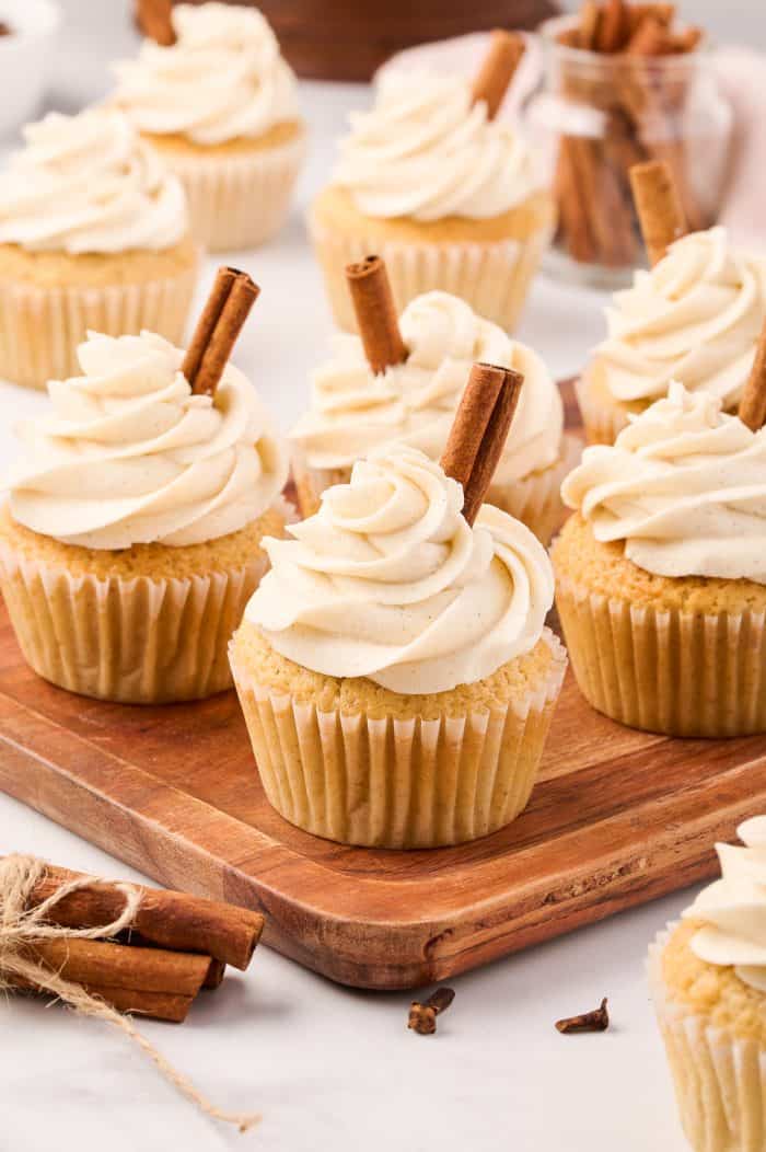 Chai cupcakes on a cutting board.