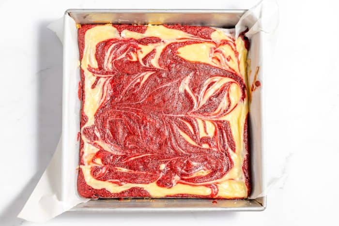 Freshly baked red velvet cheesecake brownies