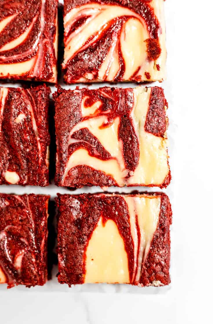 Red velvet cheesecake brownies sliced. 